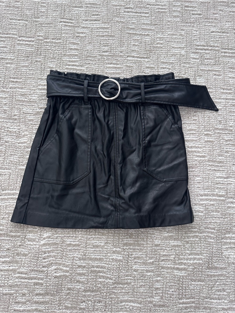 Bar III Black Faux Leather Mini Skirt with O-Ring Belt
